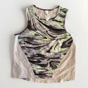 Lululemon High Neck Training Tank Top Size 4 Green Marble Print Mesh Panels